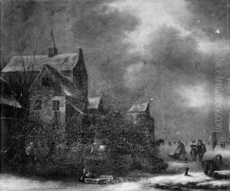 Winter Scenery. Dutch Town with a Watermill Oil Painting by Nicolaes Molenaer