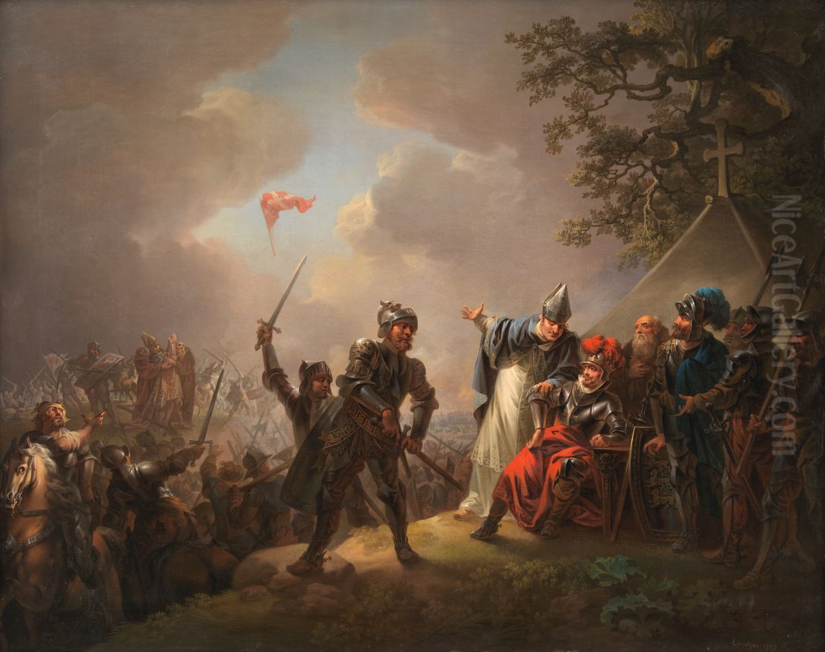 Dannebrog falder ned fra himlen under Volmerslaget ved Lyndanisse (Tallin) i Estland den 15. juni 1219 Oil Painting by Christian August Lorentzen