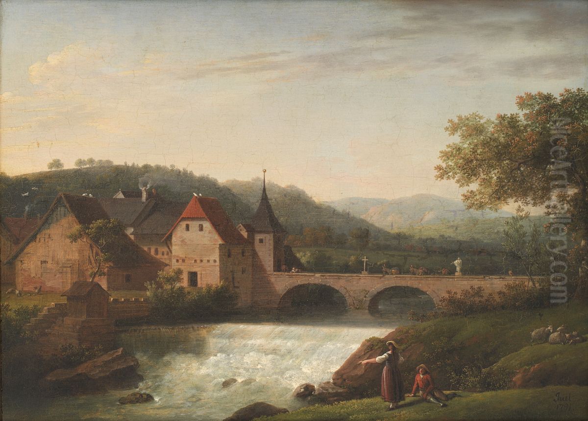 Broen og vandfaldet i Dornach, Schweiz Oil Painting by Jens Juel