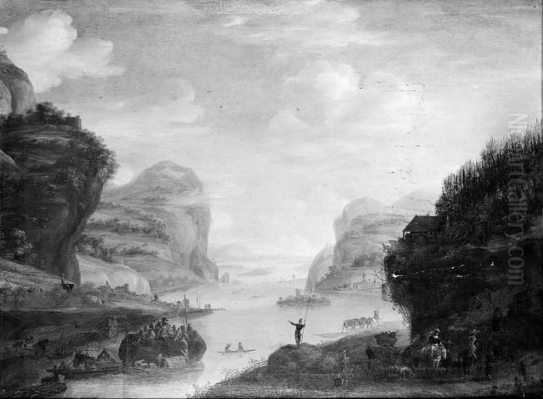 View of a River Oil Painting by Johannes Lingelbach