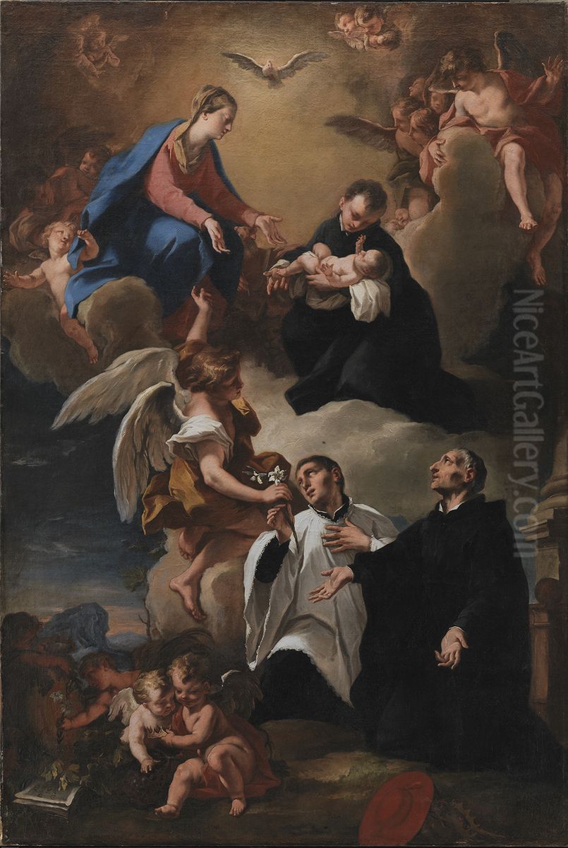 The Holy Ghost, Angels and the Virgin with Saints Mark, Stanislau Kostka (Holding the Child), Aloysius Gonzaga and Francesco Borgia Oil Painting by Antonio Balestra