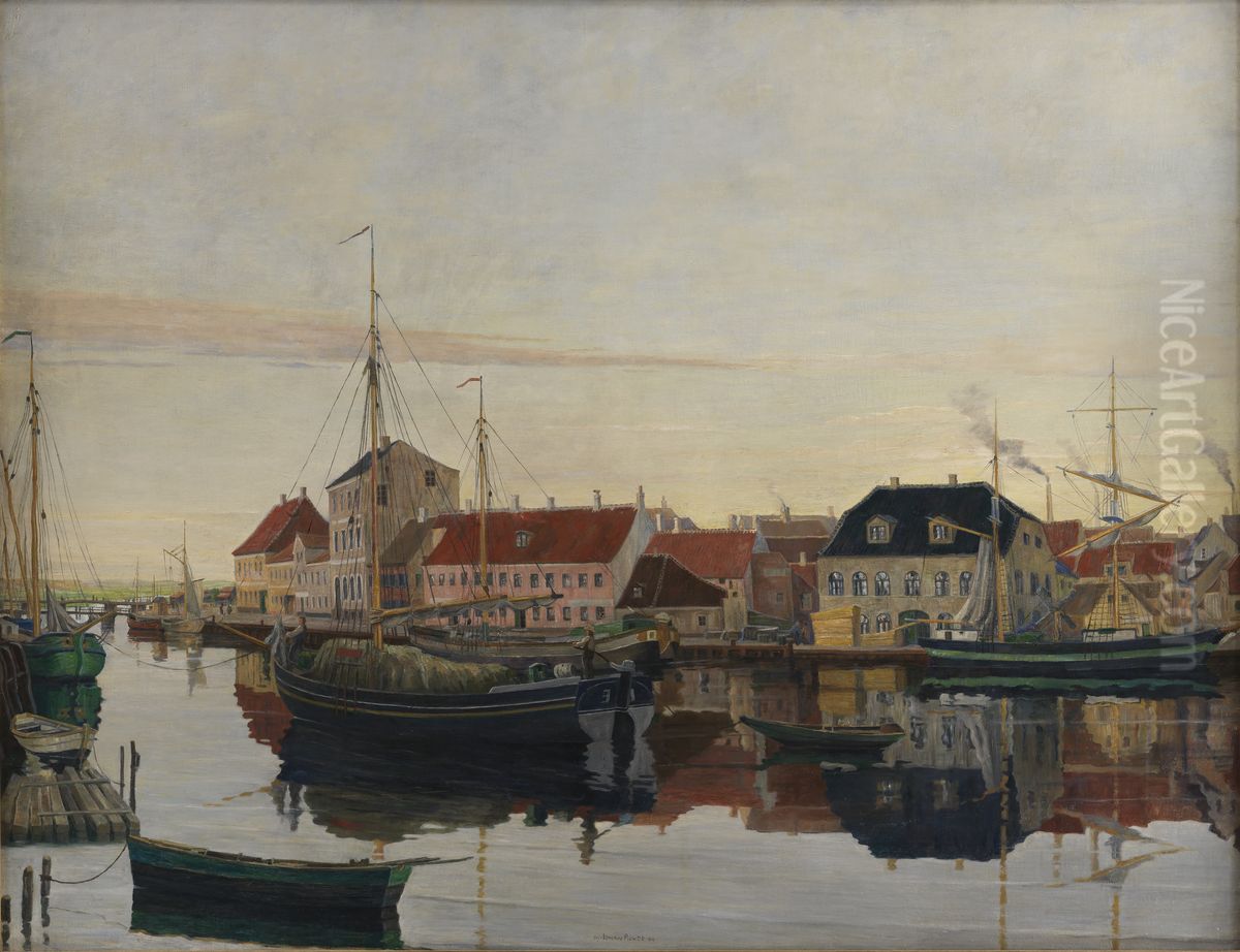 Randers havn Oil Painting by Johan Rohde