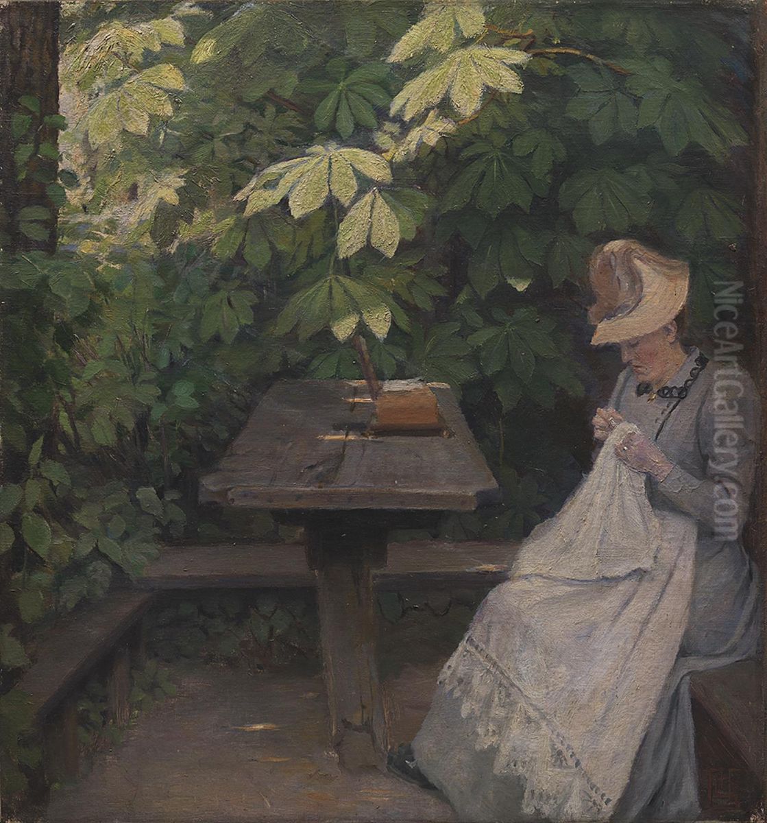 En sommerklaedt dame i et lysthus Oil Painting by Poul Simon Christiansen