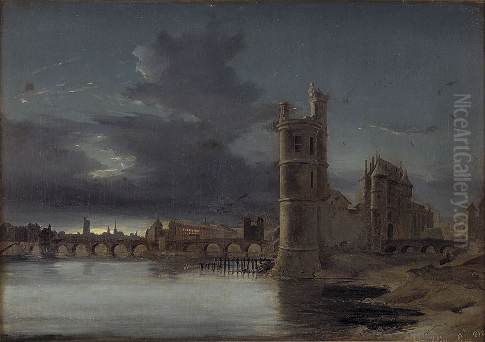 Paris med Tour St. Jacques og Notre Dame. Aftenstemning Oil Painting by Anton Melbye