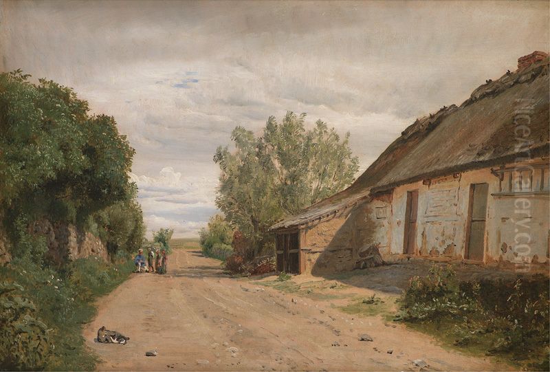 The Outskirts of the Village of Vejby. By the Roadside the Painter J.Th. Lundbye Sketching Oil Painting by P. C. Skovgaard