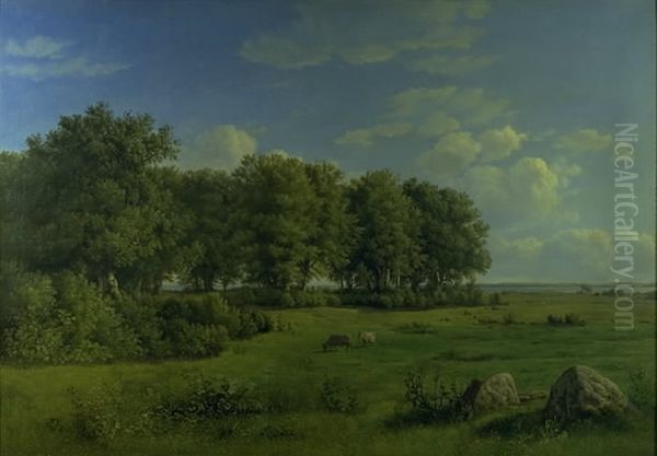 The Island of Brandso with Wedellsborg Forest, Funen, in the Distance Oil Painting by Dankvart Dreyer