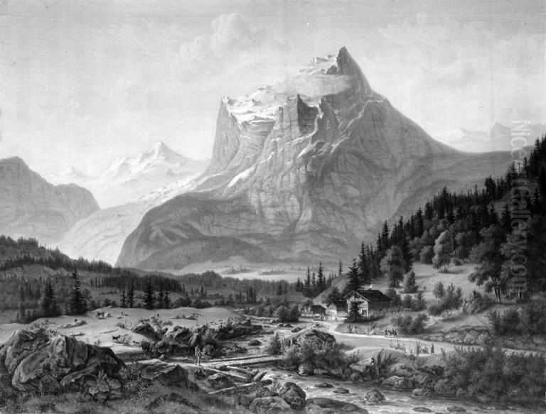 Et schweizerlandskab med bjerget Wetterhorn Oil Painting by Jens Peter Moller