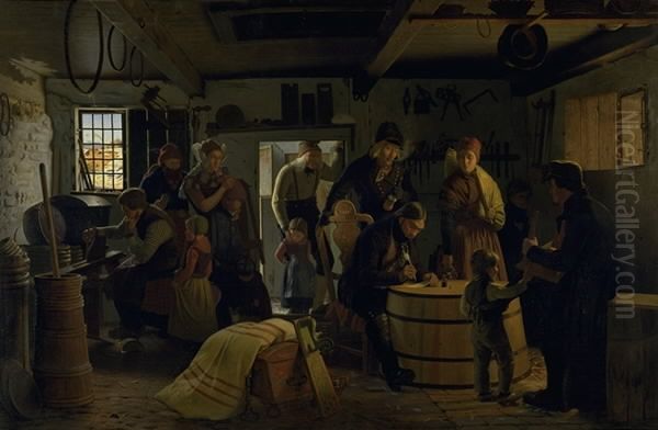 Udpantning hos en landsbybodker i Salling Oil Painting by Christen Dalsgaard