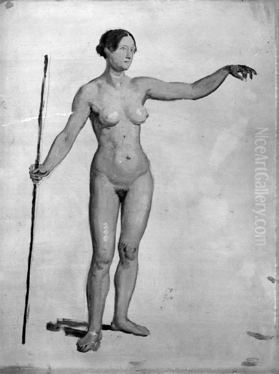 Staende nogen kvindelig model Oil Painting by Constantin Hansen