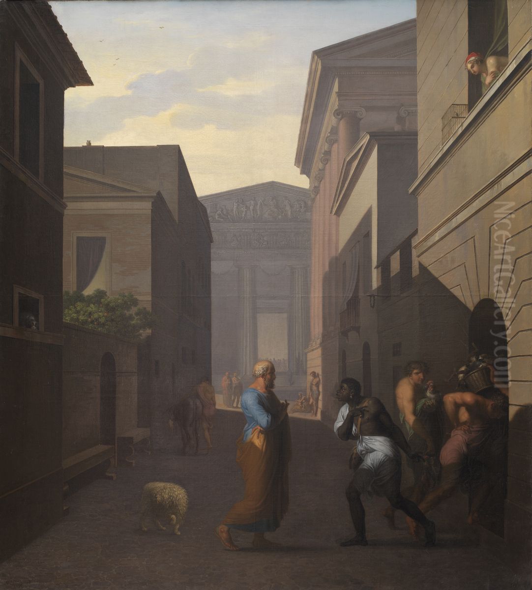 Simo betror sin frigivne Sosia sine bekymringer over sin sons forhold til pigen fra Andros. Motiv fra Terents: Pigen fra Andros. Oil Painting by Nicolai Abildgaard