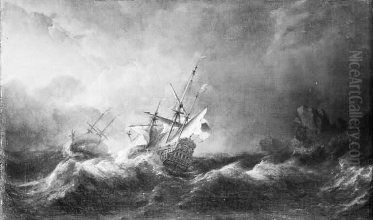 Dutch Men-of-War in a Storm off a Rocky Coast Oil Painting by Willem van de Velde the Younger