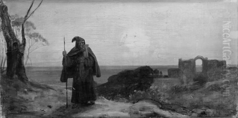 Evening Landscape with an Old Monk Oil Painting by Franz Ludwig Catel