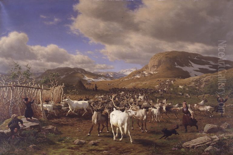 A reindeer herd is driven to the milking parlor. Motif from the high mountains north of Roros Oil Painting by Carl Bogh