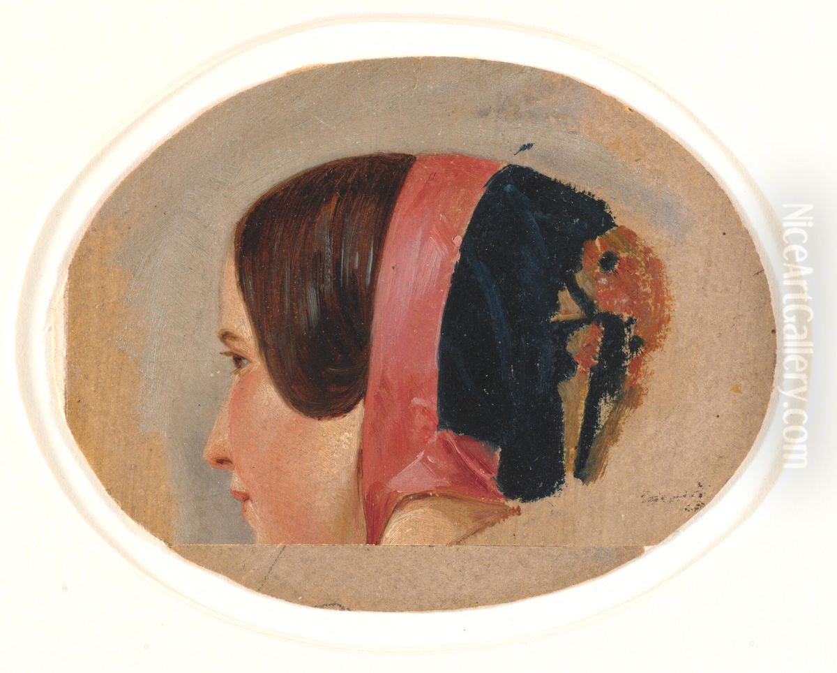 Portraet af ung pige med kyse, bortvendt profil mod venstre Oil Painting by Christen Dalsgaard