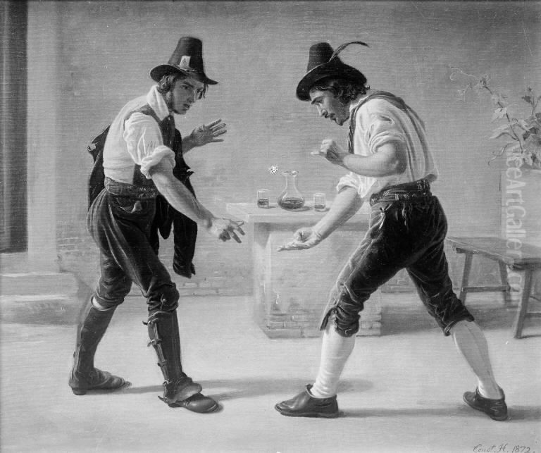 Two Romans Playing Morra outside an Osteria Oil Painting by Constantin Hansen