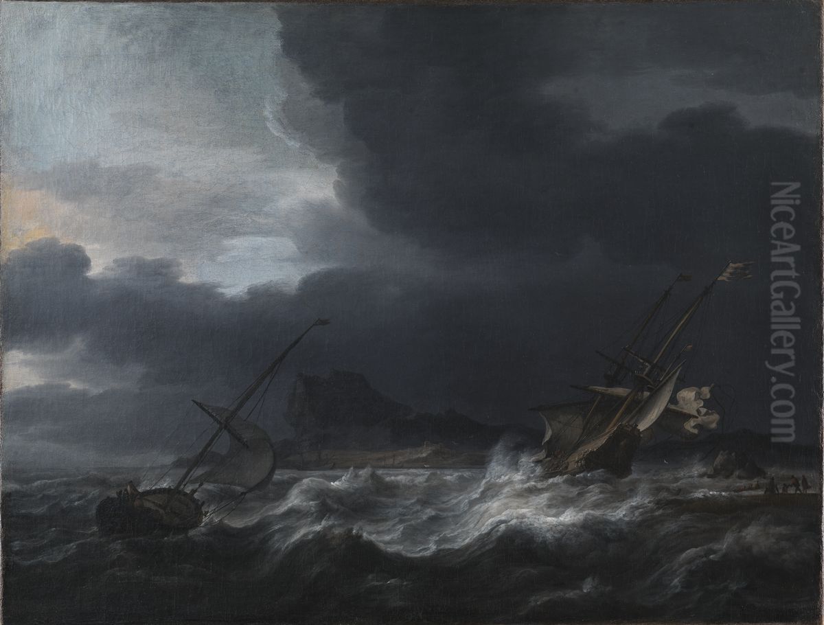 Gale off Rocky Coast Oil Painting by Jan Theunisz Blanckerhoff