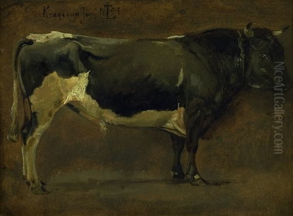 Sortbroget tyr Oil Painting by Johan Lundbye