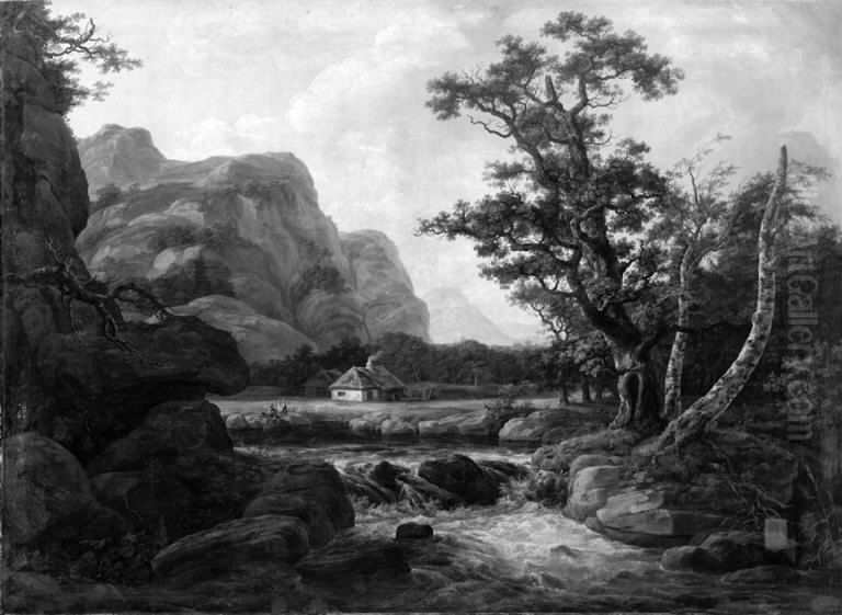 Landskab, vandfald Oil Painting by Johan Wilhelm Ludwig Dahl