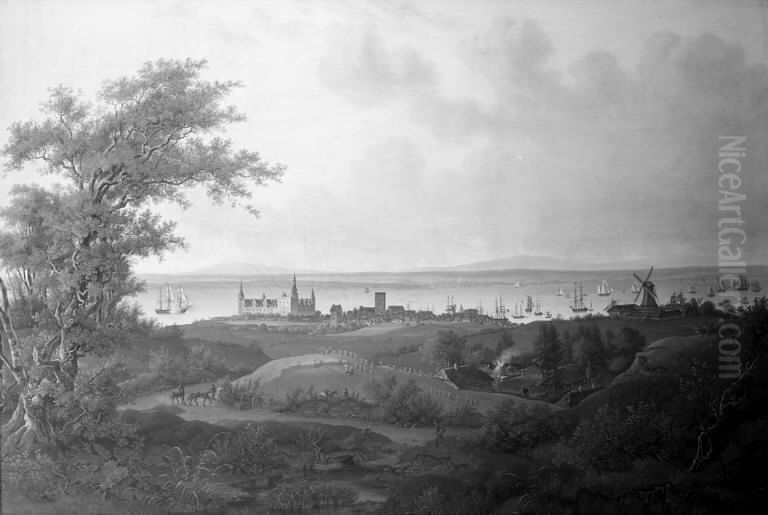 Udsigt over Kronborg, Helsingor og Sundet Oil Painting by Jens Peter Moller