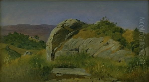 Landskab med klippe i forgrunden. Civitella Oil Painting by Johan Lundbye