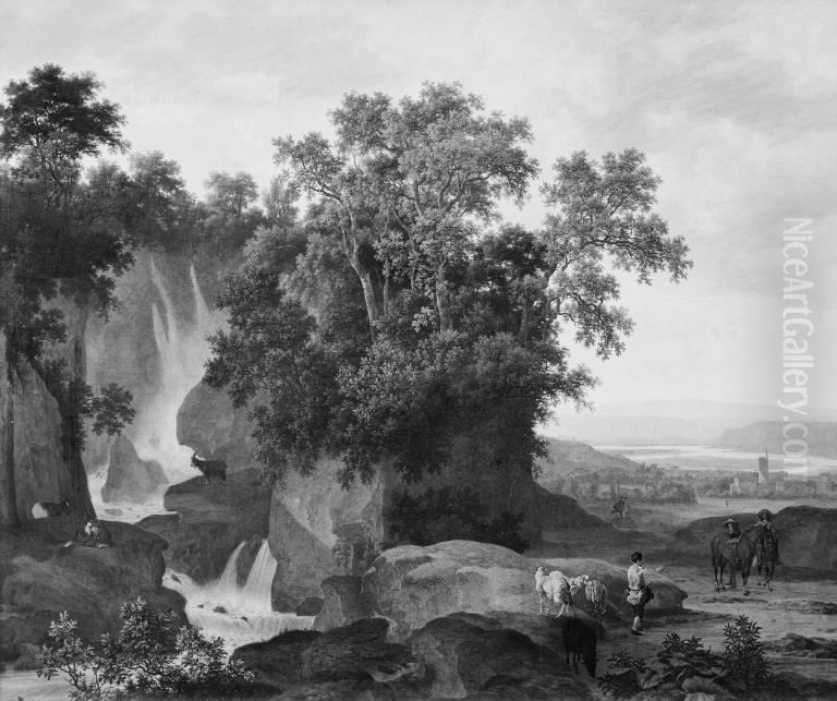 Wood-Clad Rocks with Waterfall Oil Painting by Johan le Ducq