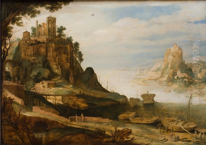 Coast Landscape with the so-called Temple of Sibyl at Tivoli Oil Painting by Willem van Nieulandt II