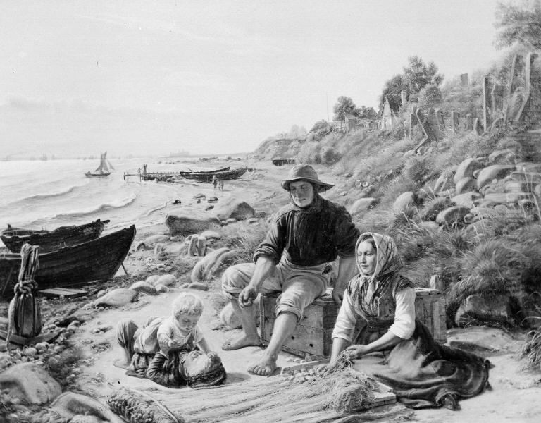 Familieliv i et lille fiskerleje nord for Helsingor Oil Painting by Jorgen Roed