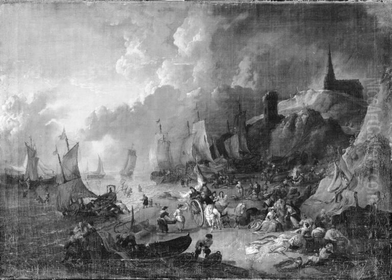 Mountainous Coast with Fishing Boats and Fishermen on the Beach Oil Painting by Lucas Smout the Younger