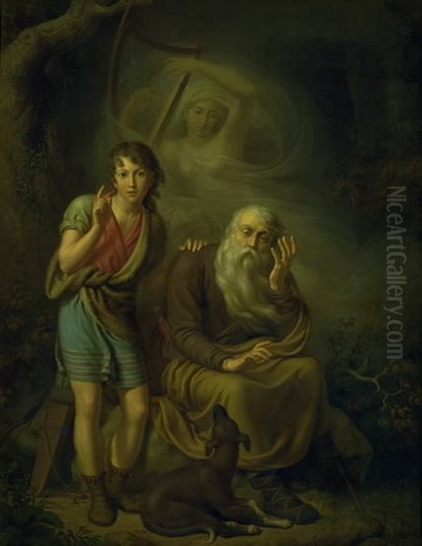 Ossian and Alpin's Son Hearing the Spirit of Malvina Touching the Harp. Illustrating Ossian's Swansong Oil Painting by Christian Gottlieb Kratzenstein-Stub