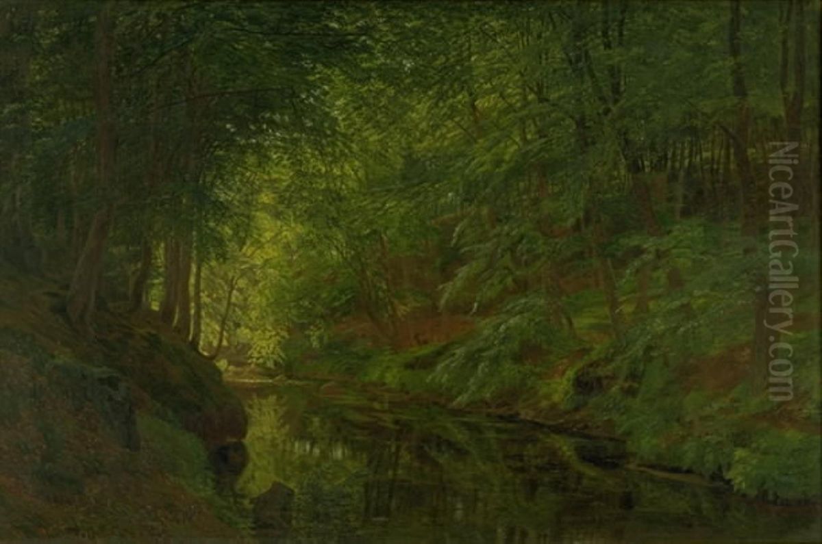 A Brook in Saebygaard Wood, Vendsyssel, Jutland Oil Painting by Godtfred Rump