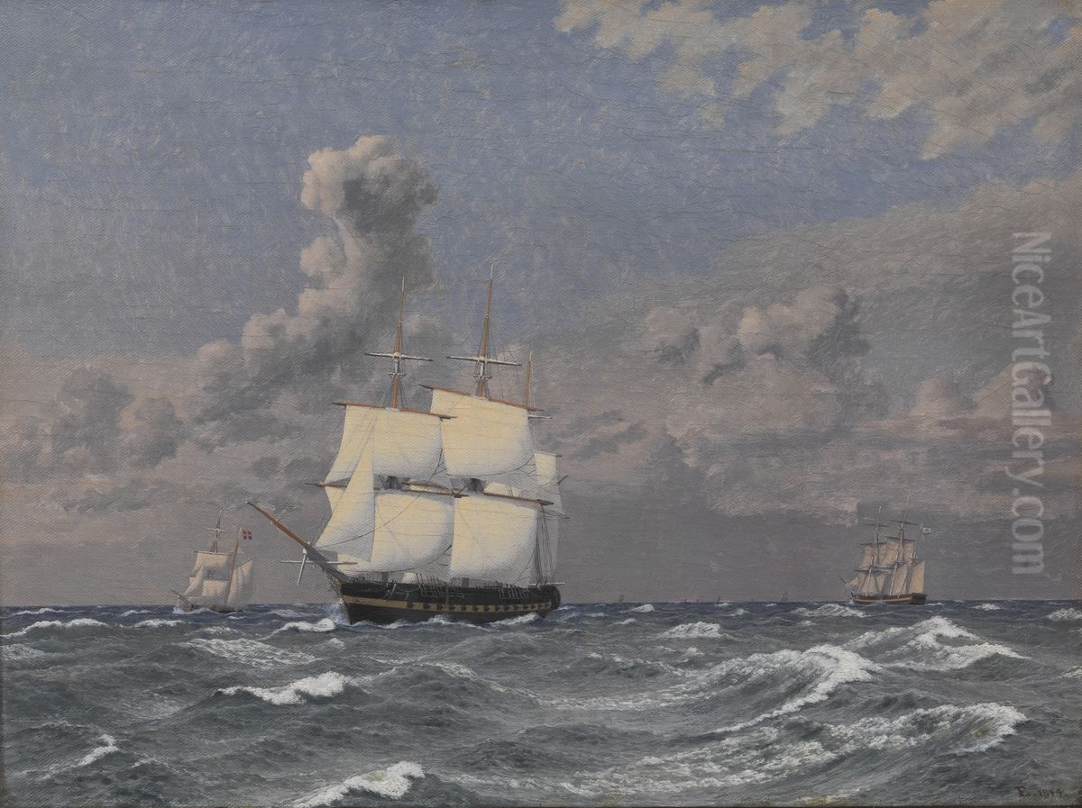 En fregat og nogle andre skibe som krydser Oil Painting by Christoffer Wilhelm Eckersberg