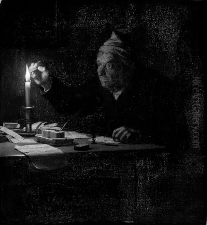 En gammel mand ifaerd med at forsegle et brev Oil Painting by Julius Exner