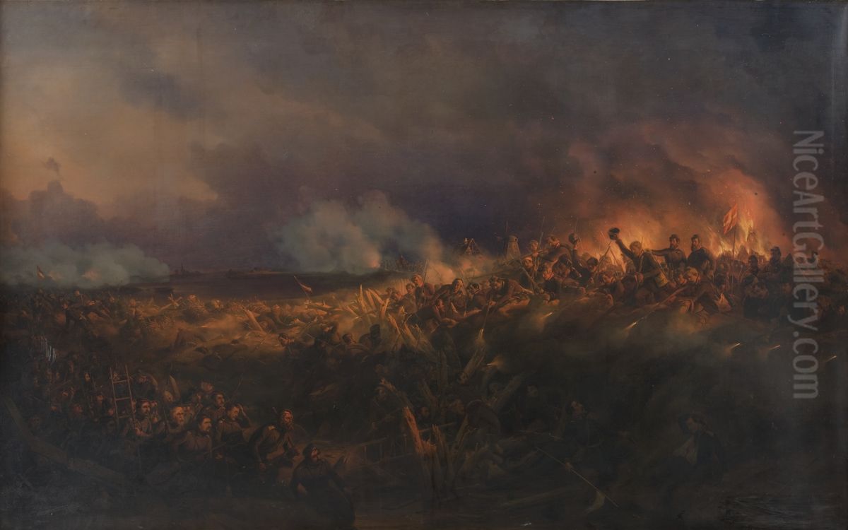 Stormen pa Frederiksstad den 4. oktober 1850 Oil Painting by Niels Simonsen