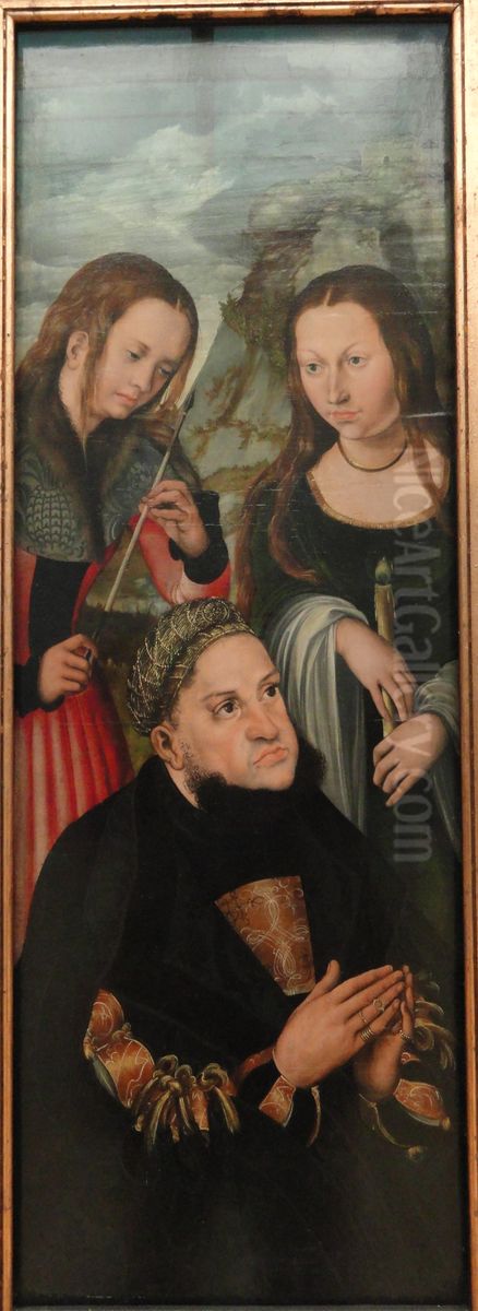 The Elector Frederic the Wise of Saxony (1463-1525) with the Saints Ursula (left) and Genevieve (right) Oil Painting by Lucas Cranach the Elder