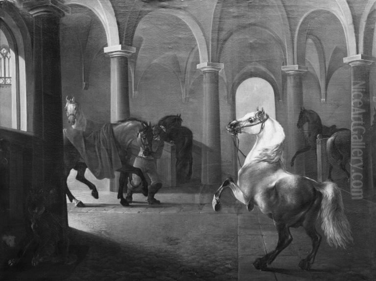 En hestestald Oil Painting by Christian David Gebauer