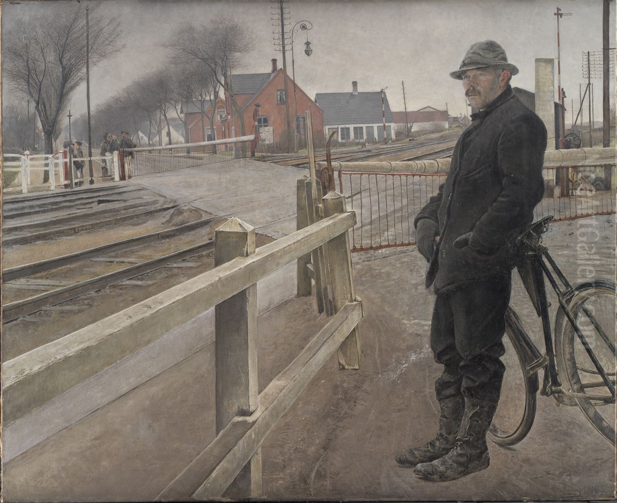Waiting for the Train. Level Crossing by Roskilde Highway Oil Painting by Laurits Andersen Ring