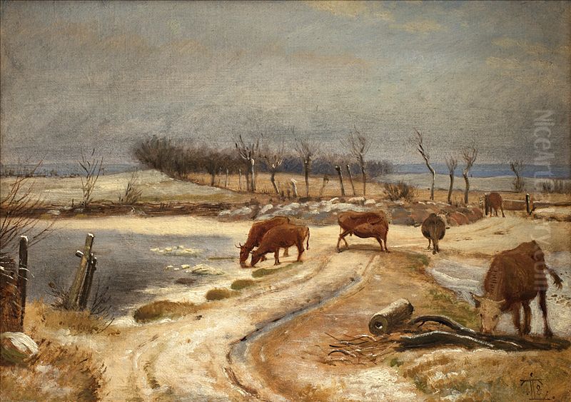 Watering the Cattle on a Winter's Day Oil Painting by Johan Lundbye