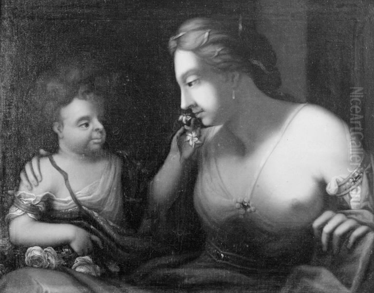 Et barn lader sin moder lugte til nogle blomster Oil Painting by Jacques d'Agar