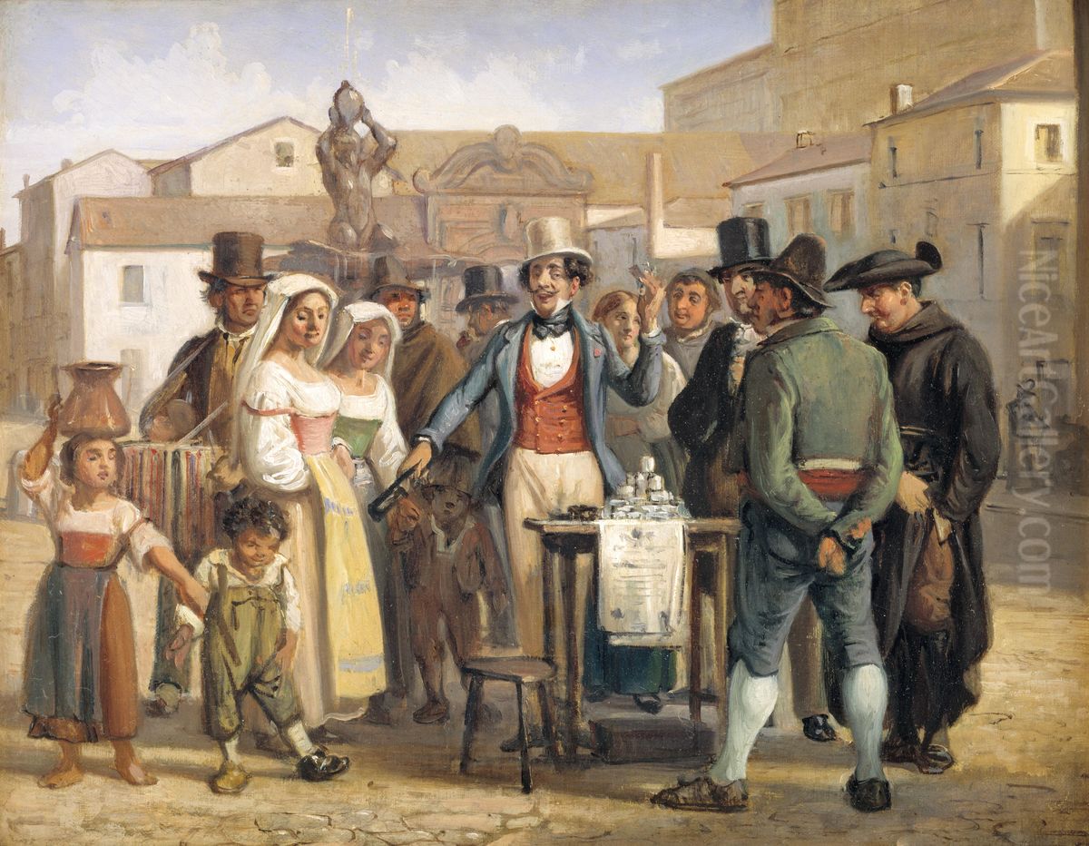 A Charlatan Selling Blacking in the Piazza Barberini in Rome Oil Painting by Wilhelm Marstrand