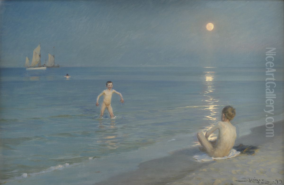 Boys Bathing at Skagen. Summer Evening Oil Painting by Peder Severin Kroyer