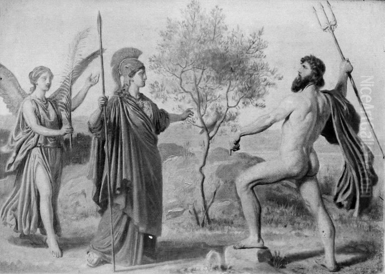 Athene followed by Nike Disputing with Poseidon for Possession of Attica Oil Painting by Constantin Hansen