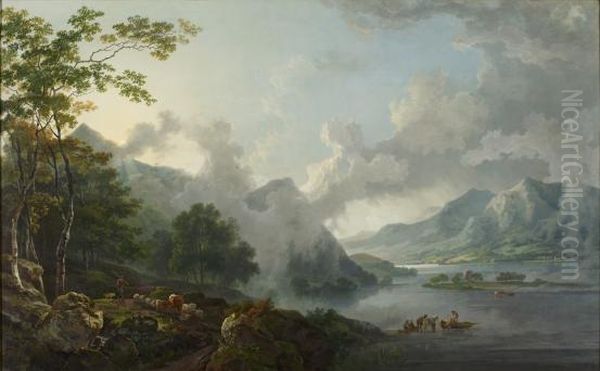 View of Windermere Lake, early morning Oil Painting by George Barret, Sr.