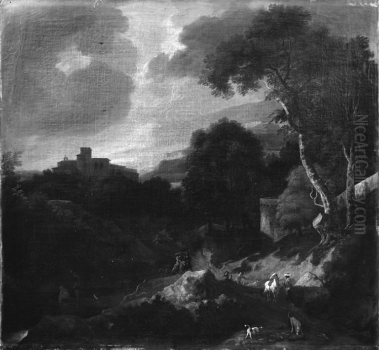 Mountainous Landscape with a Monastery Oil Painting by Abraham Genoels