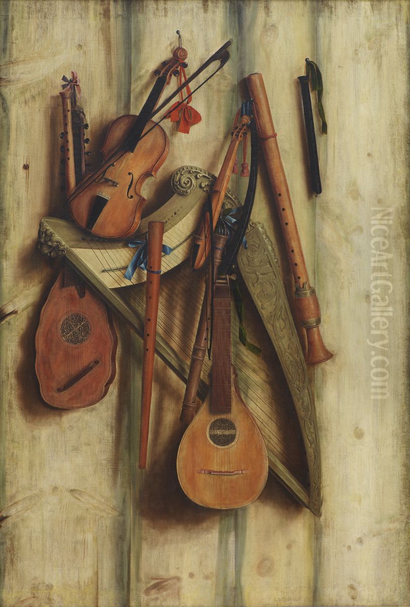 Board Partition with Musical Instruments. Trompe l'oeil Oil Painting by Cornelis Norbertus Gijsbrechts