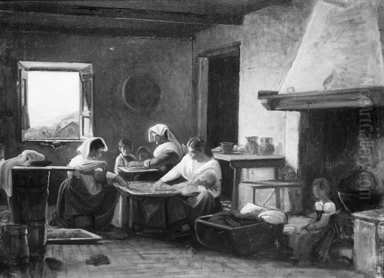 Women Working in the Kitchen of a Farmhouse near Olevano, Italy Oil Painting by Wilhelm Marstrand