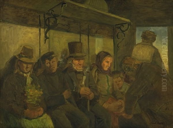 Travellers in a Third Class Compartment Oil Painting by Hans Smidth