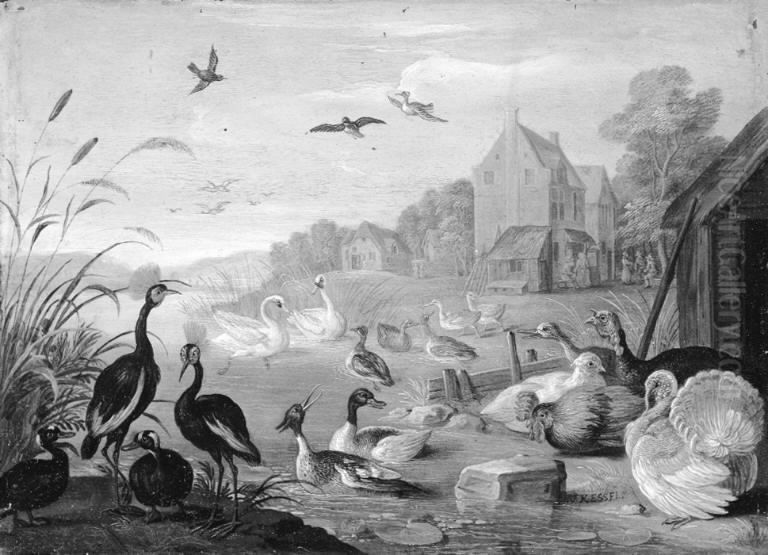 A River Landscape with Turkeys and Poultry Oil Painting by Jan van Kessel the Elder