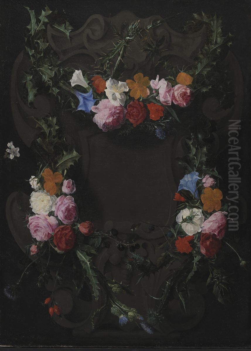 A Stone Cartouche with a Garland of Flowers Oil Painting by Daniel Seghers