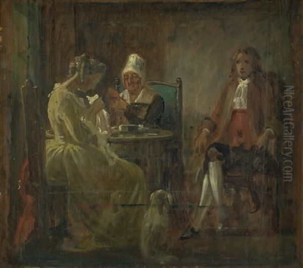 Frierens besog. Dragter fra Holbergs tid Oil Painting by Wilhelm Marstrand