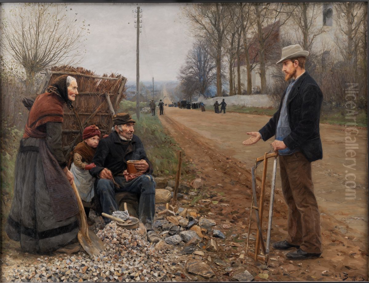 People by a Road Oil Painting by H. A. Brendekilde